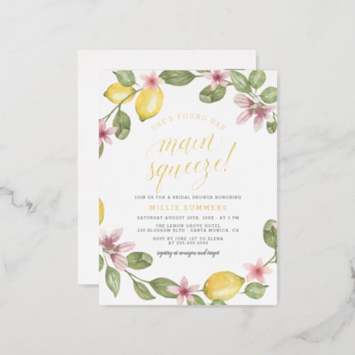 Main Squeeze Floral Lemon Wreath Bridal Shower Foil Invitation Postcard