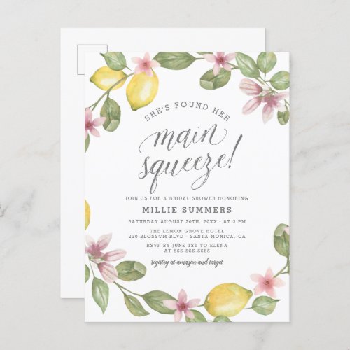 Main Squeeze Floral Lemon Wreath Bridal Shower Invitation Postcard