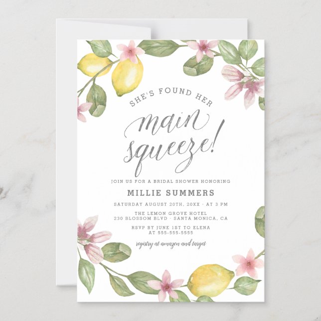 Main Squeeze Floral Lemon Wreath Bridal Shower Magnetic Invitation (Front)