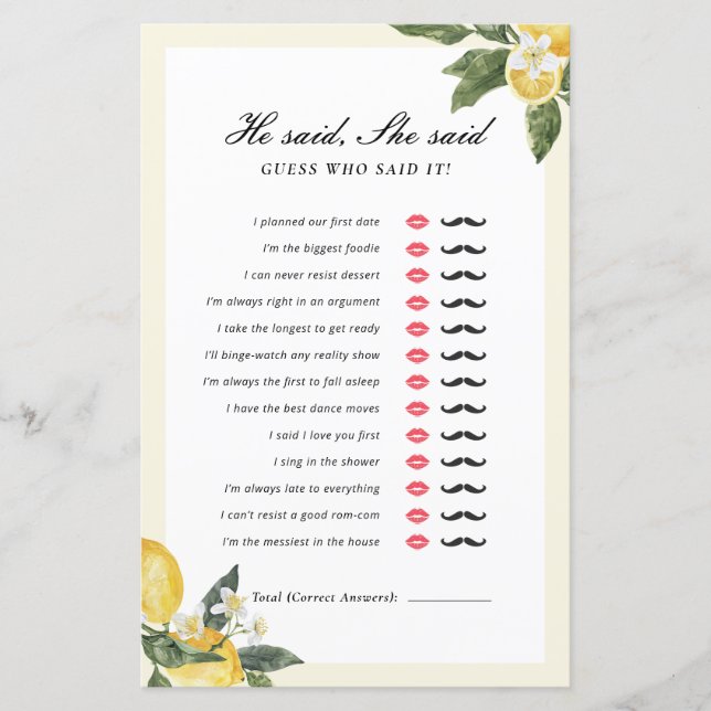 Main Squeeze He Said She Said Bridal Shower Game (Front)