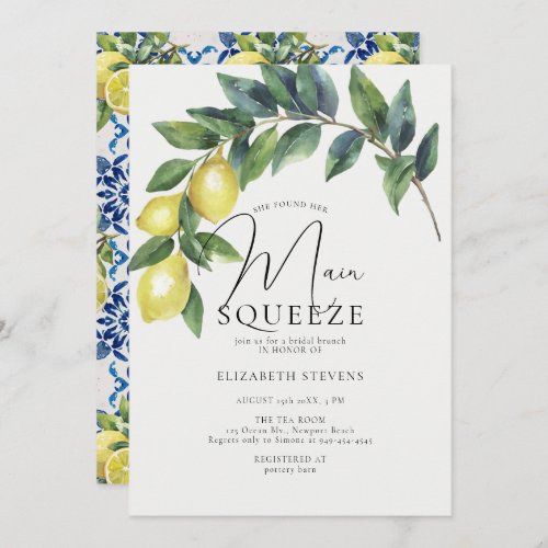 Main Squeeze Lemon Arch Blue Tiles Bridal Shower Invitation