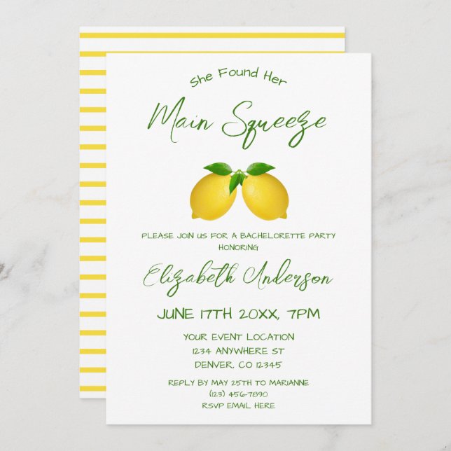 Main Squeeze Lemon Bachelorette Party Invitation (Front/Back)