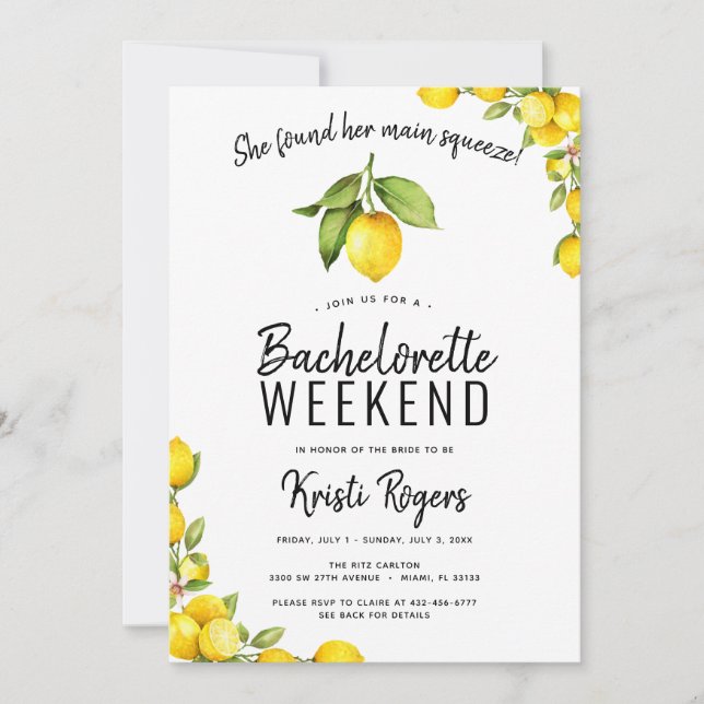 Main Squeeze Lemon Bachelorette Weekend Itinerary Invitation (Front)