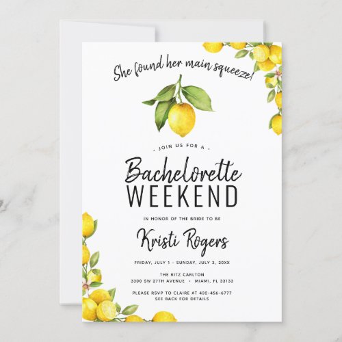 Main Squeeze Lemon Bachelorette Weekend Itinerary Invitation