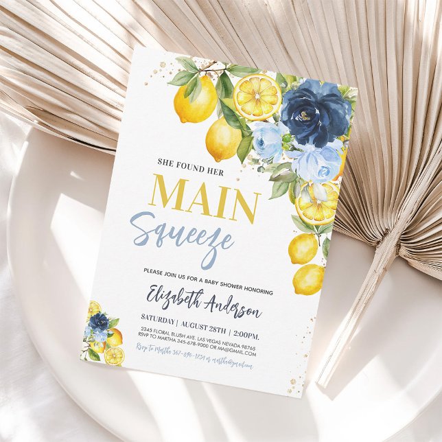 Main Squeeze Lemon Blue Floral Bridal Shower Invitation (Creator Uploaded)