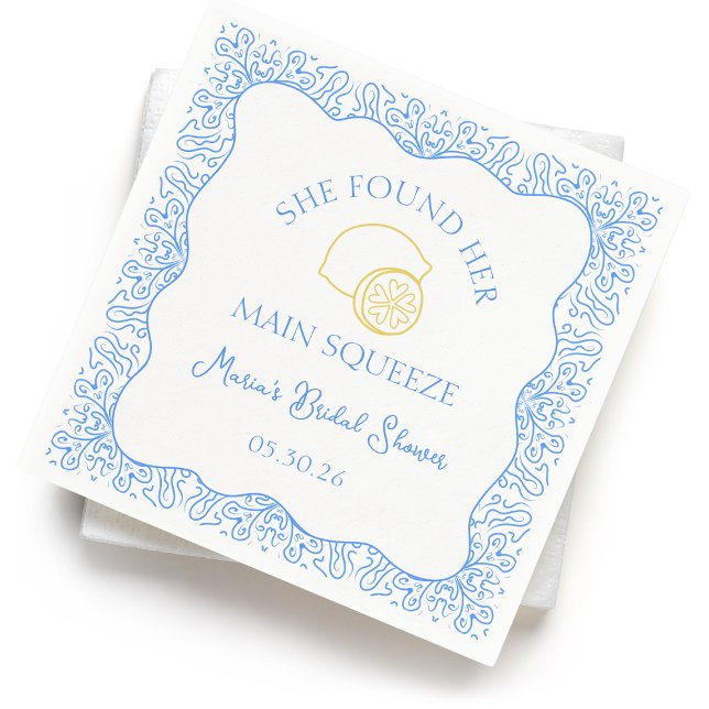 Main Squeeze Lemon & Blue Tiles Bridal Shower Napkins (Celebrate with these chic, lemon-themed napkins, for a 'She Found Her Main Squeeze' bridal shower!)