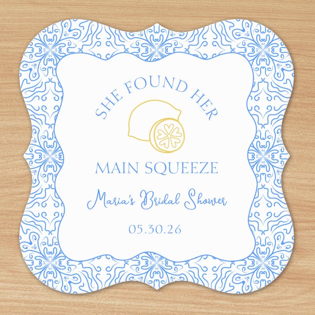 Main Squeeze Lemon & Blue Tiles Bridal Shower Paper Coaster (Stylish lemon-themed coasters for a 'She Found Her Main Squeeze' bridal shower, perfect for décor.)