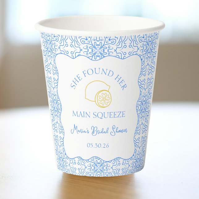 Main Squeeze Lemon & Blue Tiles Bridal Shower Paper Cups (Add a refreshing touch to your bridal shower with these beautifully designed lemon-themed cups)