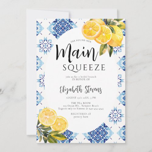 Main Squeeze Lemon Blue Tiles Bright Bridal Shower Invitation