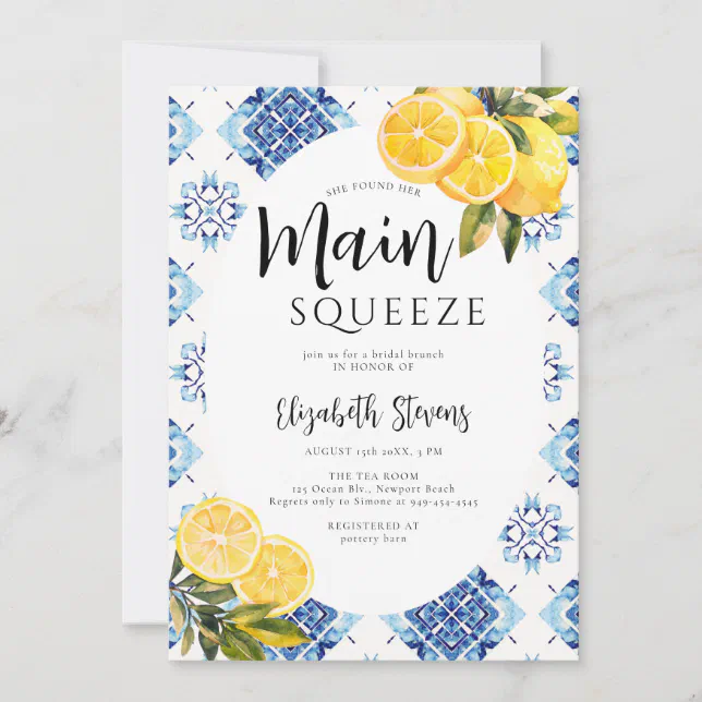 Main Squeeze Lemon Blue Tiles Bright Bridal Shower Invitation | Zazzle