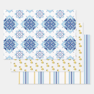 Main Squeeze Lemon Blue Tiles Bright Bridal Shower Wrapping Paper Sheets