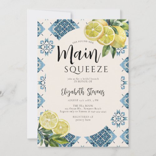 Main Squeeze Lemon Blue Tiles Citrus Bridal Shower Invitation