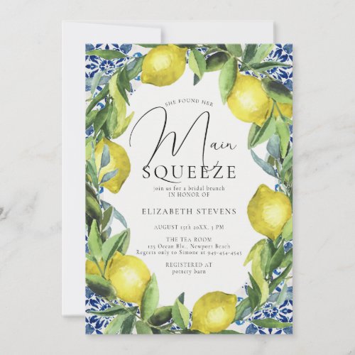 Main Squeeze Lemon Blue Tuscany Tile Bridal Shower Invitation