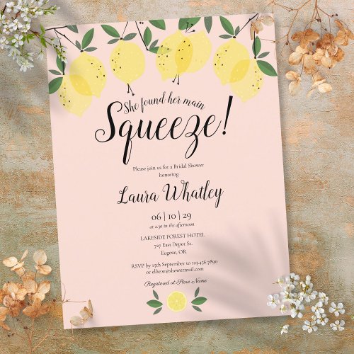Main Squeeze Lemon Blush Pink Bridal Shower Announcement Postcard