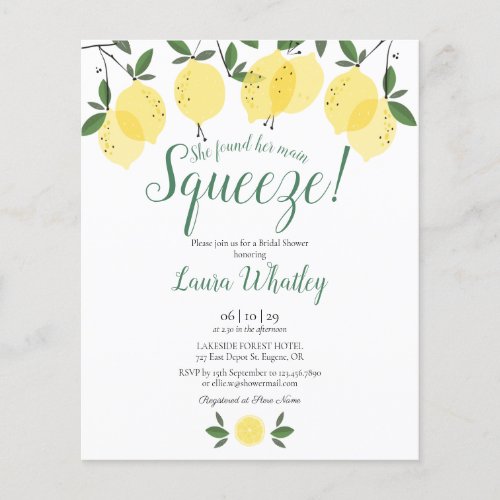 Main Squeeze Lemon Bridal Shower Budget Invitation - Featuring lemons greenery, this stylish botanical bridal shower budget invitation can be personalized with your special event information.  Designed by Thisisnotme©