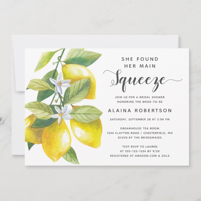 Main Squeeze Lemon Bridal Shower Invitation (Front)