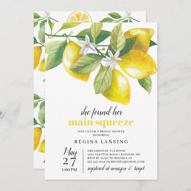 Main Squeeze Lemon Bridal Shower Invitation (Front/Back)
