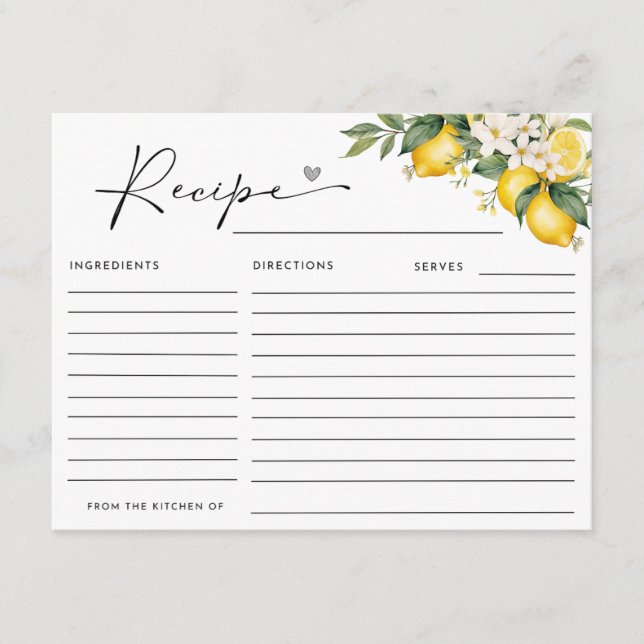MAIN SQUEEZE LEMON BRIDAL SHOWER RECIPE ENCLOSURE CARD (Front)