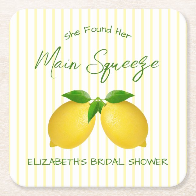 Main Squeeze Lemon Bridal Shower Square Paper Coaster (Front)