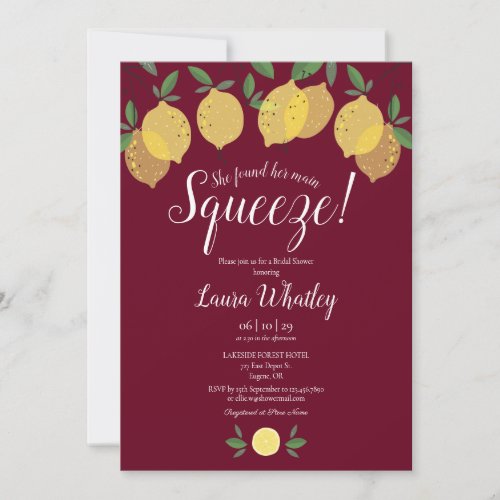 Main Squeeze Lemon Burgundy Bridal Shower Invitation