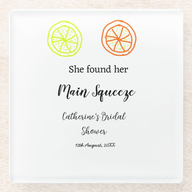 Main Squeeze lemon citrus bridal shower add name d Glass Coaster (Front)