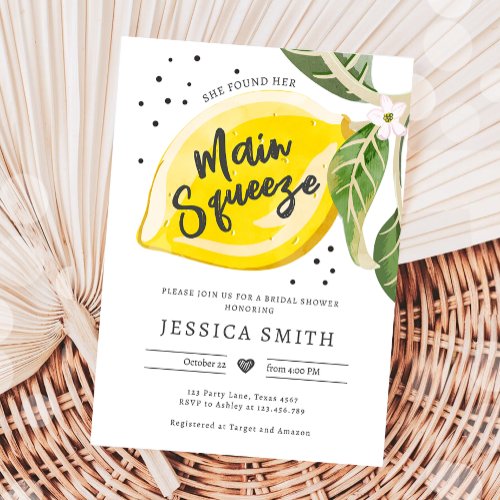 Main Squeeze Lemon Citrus Greenery Bridal Shower Invitation