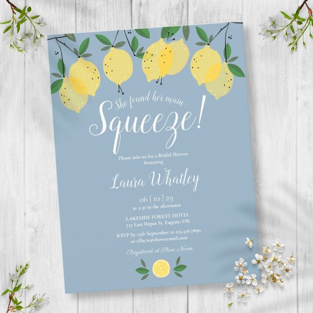 Main Squeeze Lemon Dusty Blue Bridal Shower Announcement Postcard (Creator Uploaded)