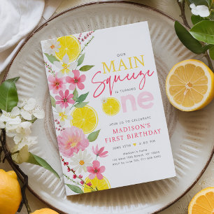 Main Squeeze Lemon Floral First Birthday Invitation