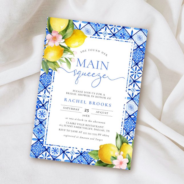 Main Squeeze Lemon Italian Blue Tile Bridal Shower Invitation (Creator Uploaded)