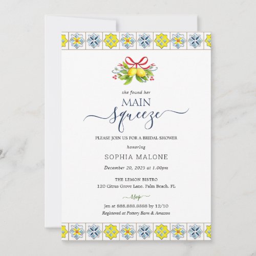 Main squeeze Lemon Mosaic Tiles Bridal Shower Invitation