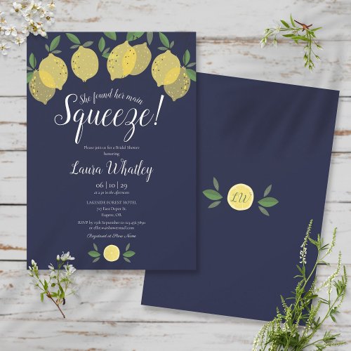 Main Squeeze Lemon Navy Blue Bridal Shower Invitation