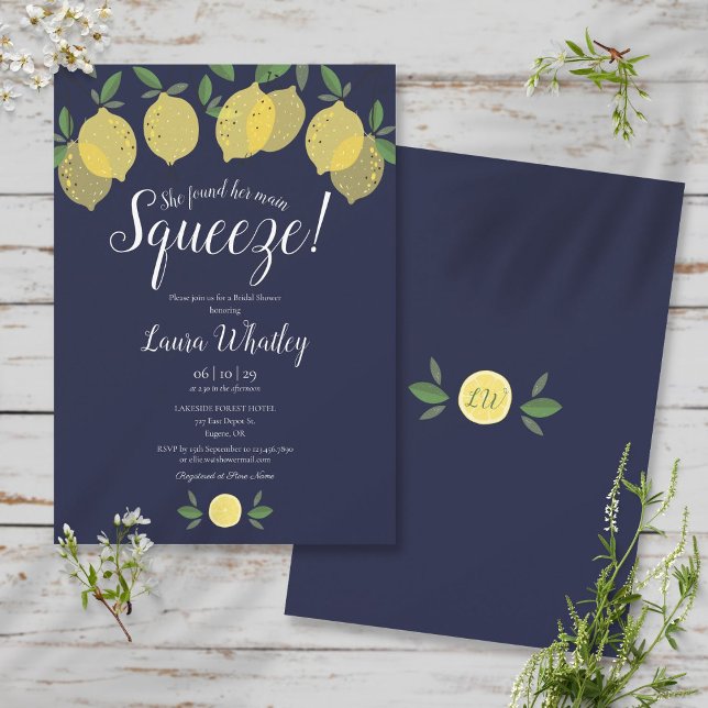 Main Squeeze Lemon Navy Blue Bridal Shower Invitation (Creator Uploaded)