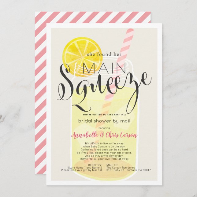 Main Squeeze Lemonade Jar Bridal Shower by Mail Invitation (Front/Back)