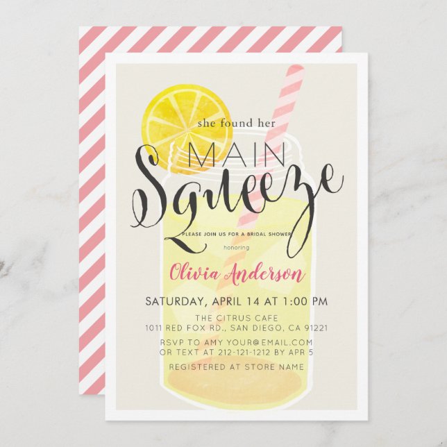 Main Squeeze Lemonade Mason Jar Bridal Shower Invitation (Front/Back)