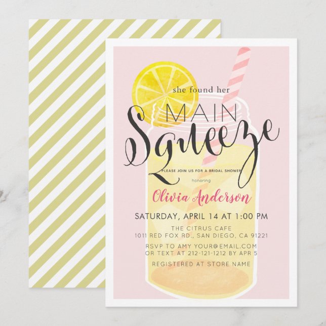 Main Squeeze Lemonade Mason Jar Pink Bridal Shower Invitation (Front/Back)
