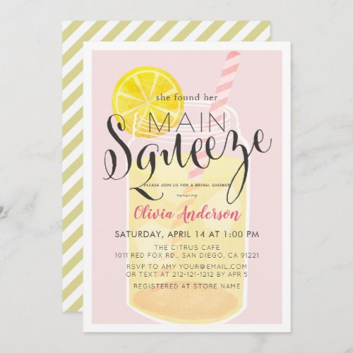Main Squeeze Lemonade Mason Jar Pink Bridal Shower Invitation