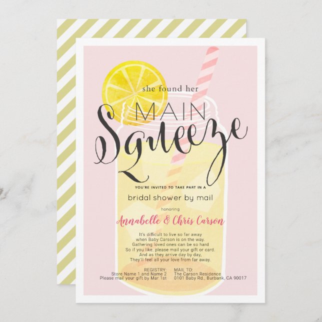Main Squeeze Lemonade Pink Bridal Shower by Mail Invitation (Front/Back)