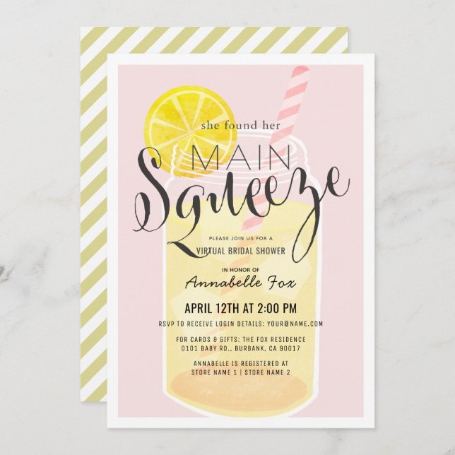 Main Squeeze Lemonade Pink Virtual Bridal Shower Invitation (Front/Back)