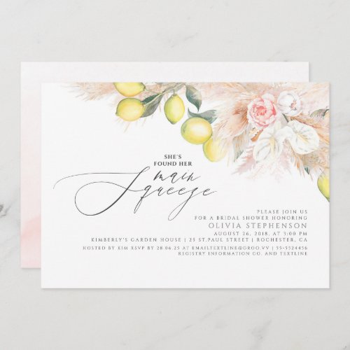 Main Squeeze Lemons and Pampas Grass Bridal Shower Invitation