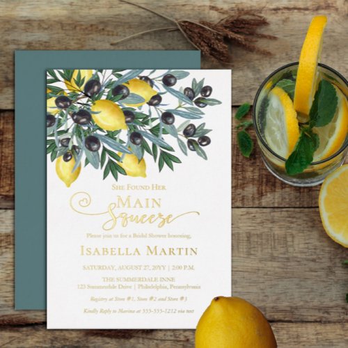 Main Squeeze Lemons  Black Olives Bridal Shower Foil Invitation