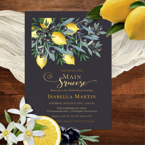 Main Squeeze Lemons  Black Olives Bridal Shower Foil Invitation