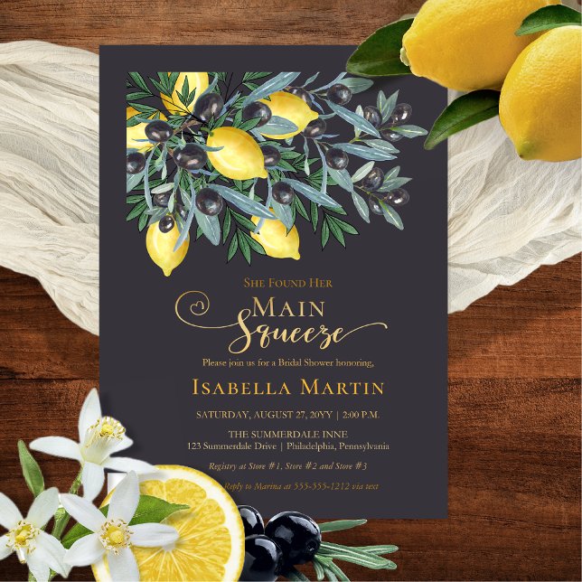Main Squeeze Lemons | Black Olives Bridal Shower Foil Invitation (Main Squeeze Lemons | Black Olives Bridal Shower Dark Blue | Gold Foil Invitation)