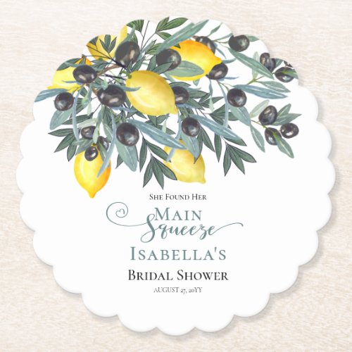 Main Squeeze Lemons  Black Olives Bridal Shower Paper Coaster