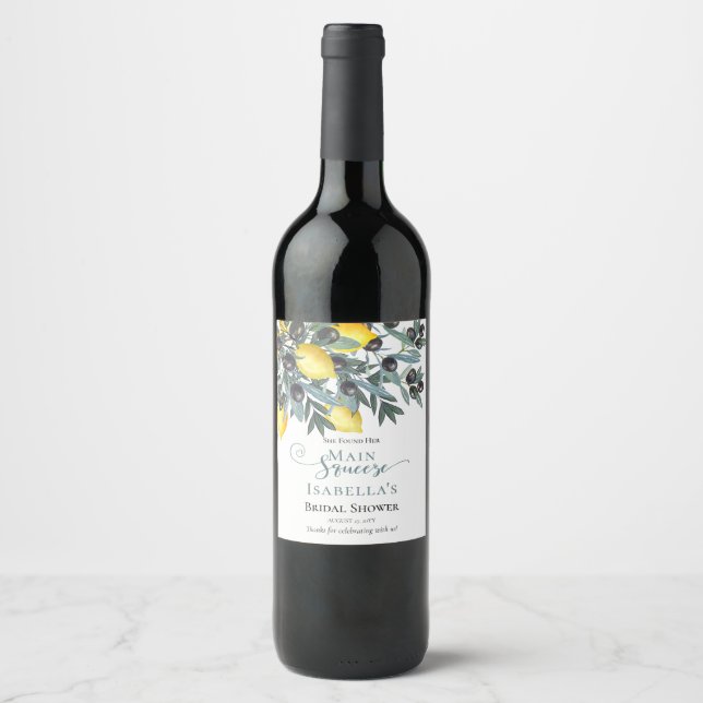 Main Squeeze Lemons | Black Olives Bridal Shower Wine Label (Front)