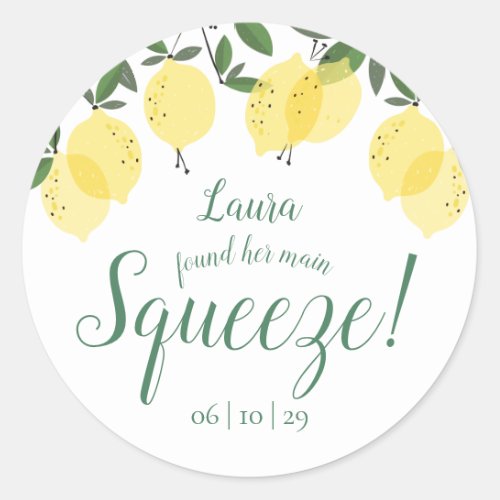 Main Squeeze Lemons Bridal Shower Classic Round Sticker - Featuring lemons greenery, this elegant botanical bridal shower favor or envelope sticker can be personalized with your special bridal shower details. Designed by Thisisnotme©