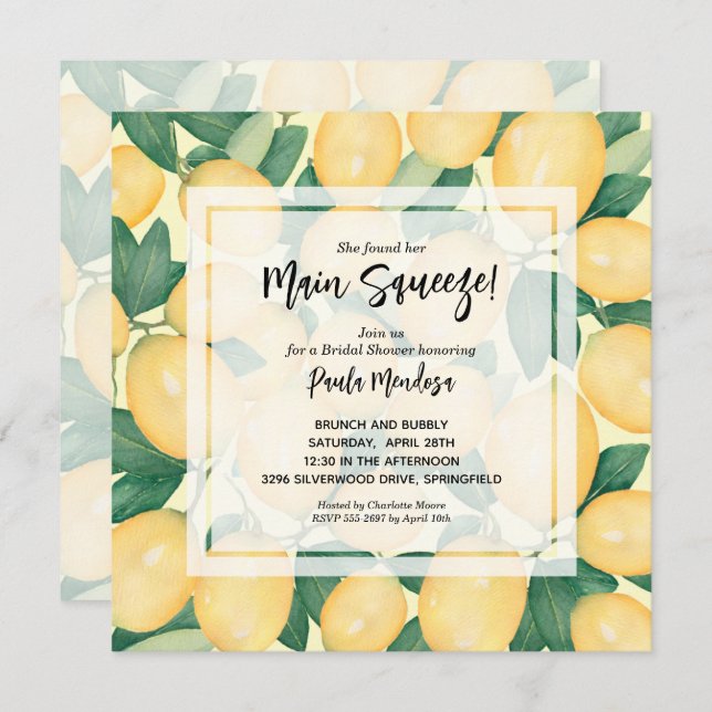 Main Squeeze Lemons Bridal Shower Invitation (Front/Back)