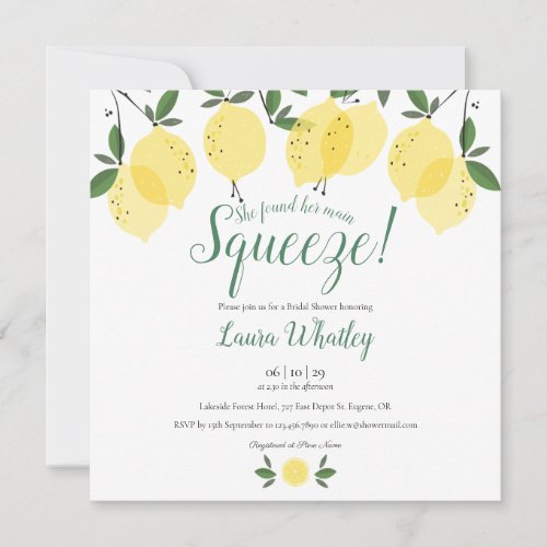 Main Squeeze Lemons Bridal Shower Invitation - Featuring lemons greenery, this stylish fun square bridal shower invitation can be personalized with your special event information and your monogram initials on the reverse. Designed by Thisisnotme©