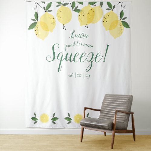 Main Squeeze Lemons Bridal Shower Photo Backdrop - Featuring lemons greenery, this elegant botanical bridal shower photo backdrop can be personalized with your special bridal shower details. Designed by Thisisnotme©