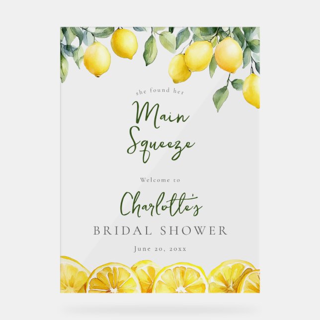 Main Squeeze Lemons Bridal Shower Welcome Acrylic Sign (Front)