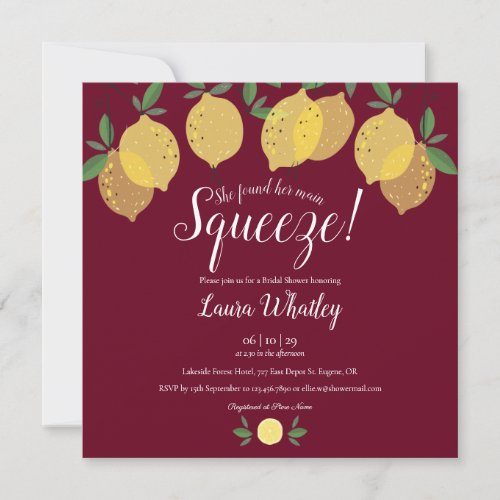 Main Squeeze Lemons Burgundy Bridal Shower Invitation